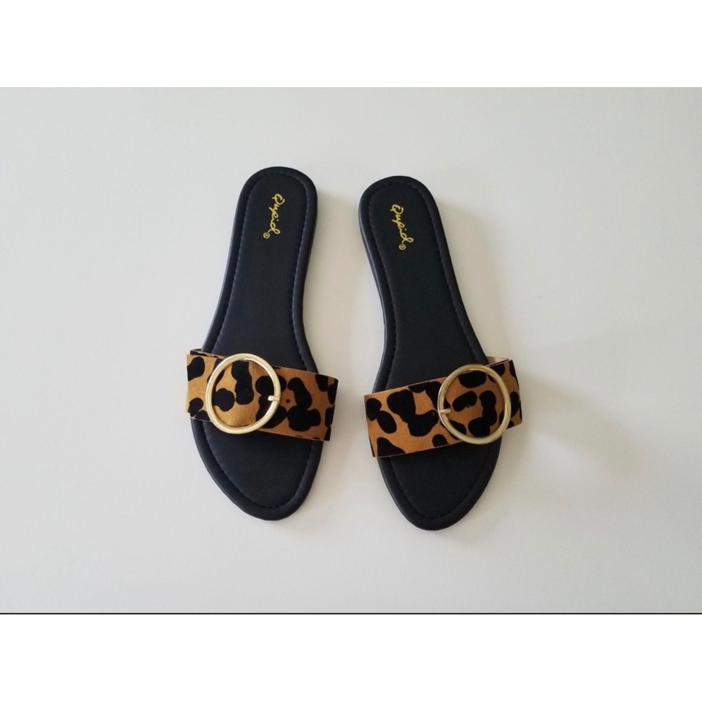 New Bohemian Leopard Print Buckle Slide Sandals Womens 5.5 Camel Black